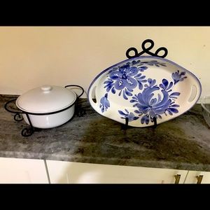 Large blue and white serving bowl with stand